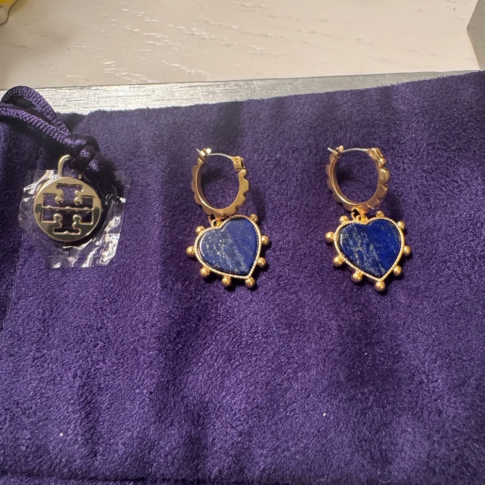 Tory Burch Gold and Navy Heart Earrings